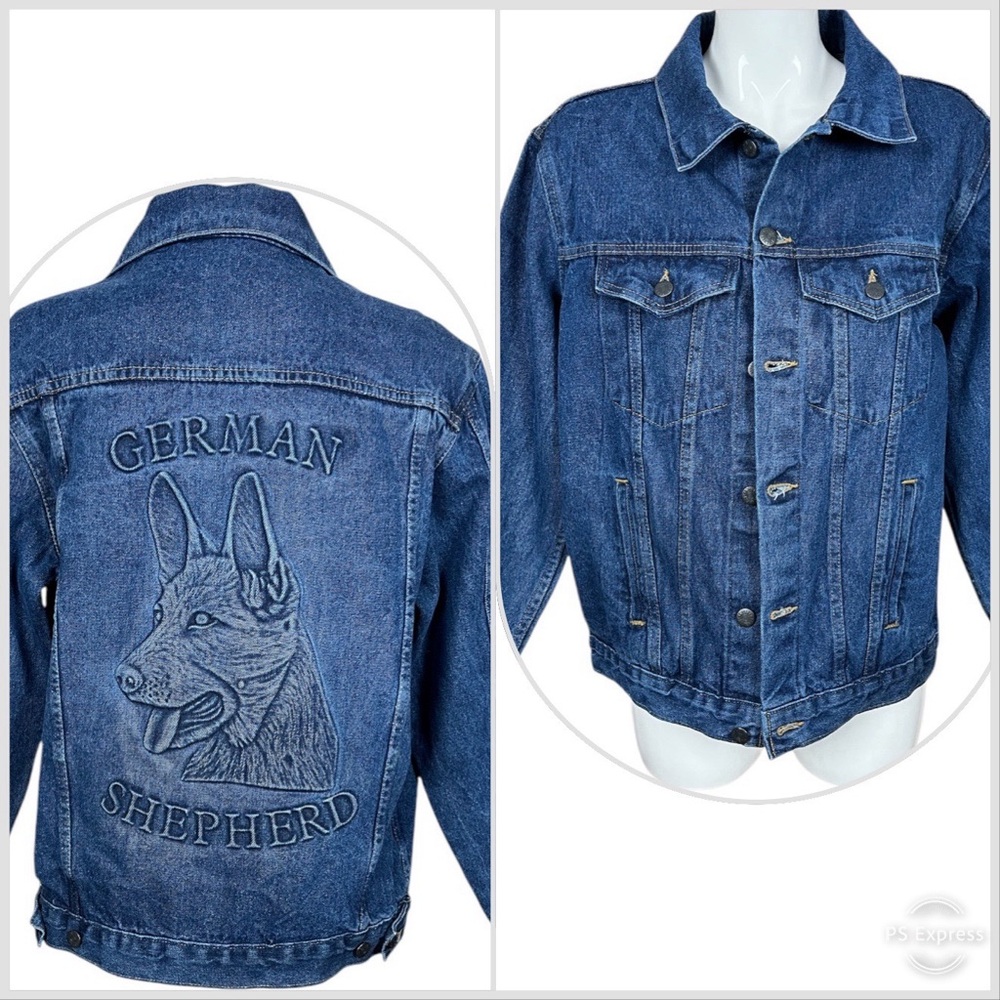 Tyca Union Made Button Front German Shepherd Embossed Cotton Denim Jacket Small